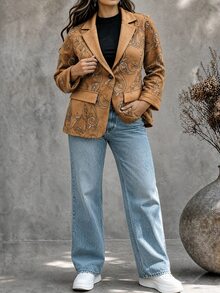 Ceyna Plus Size Women's French Casual Elegant Faux Embroidered Long Sleeve Blazer - Coffee Brown - View 3