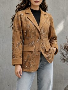 Ceyna Plus Size Women's French Casual Elegant Faux Embroidered Long Sleeve Blazer - Coffee Brown - View 5