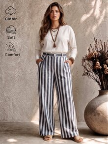 Ceyna Plus Size Women's Letter Webbing Waist Decor Cotton Blend Striped Fabric Casual Daily Comfortable Long Pants - Multicolor - View 6