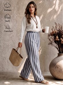 Ceyna Plus Size Women's Letter Webbing Waist Decor Cotton Blend Striped Fabric Casual Daily Comfortable Long Pants - Multicolor - View 8
