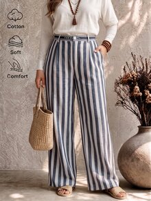 Ceyna Plus Size Women's Letter Webbing Waist Decor Cotton Blend Striped Fabric Casual Daily Comfortable Long Pants - Multicolor - View 7