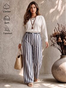 Ceyna Plus Size Women's Letter Webbing Waist Decor Cotton Blend Striped Fabric Casual Daily Comfortable Long Pants - Multicolor - View 2