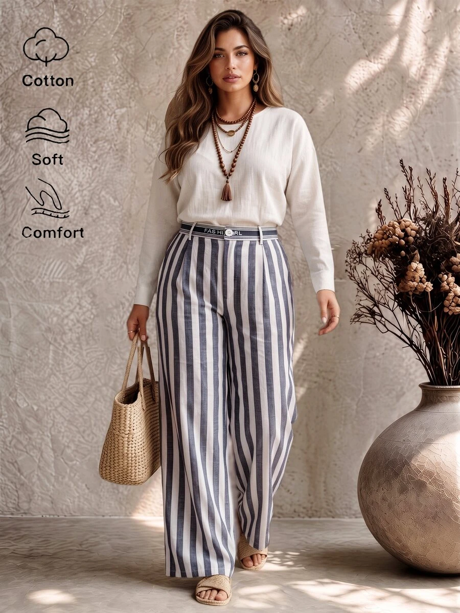 Ceyna Plus Size Women's Letter Webbing Waist Decor Cotton Blend Striped Fabric Casual Daily Comfortable Long Pants