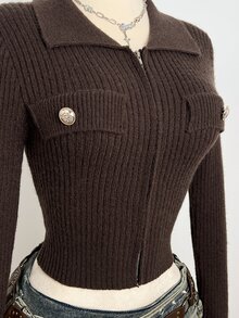 Elamini Solid Color Lapel Zip-Up Knit Cardigan, Short Slim Fit Sexy Style Long Sleeve Sweater Jacket, Autumn/Winter Women's Cardigan - Coffee Brown - View 6