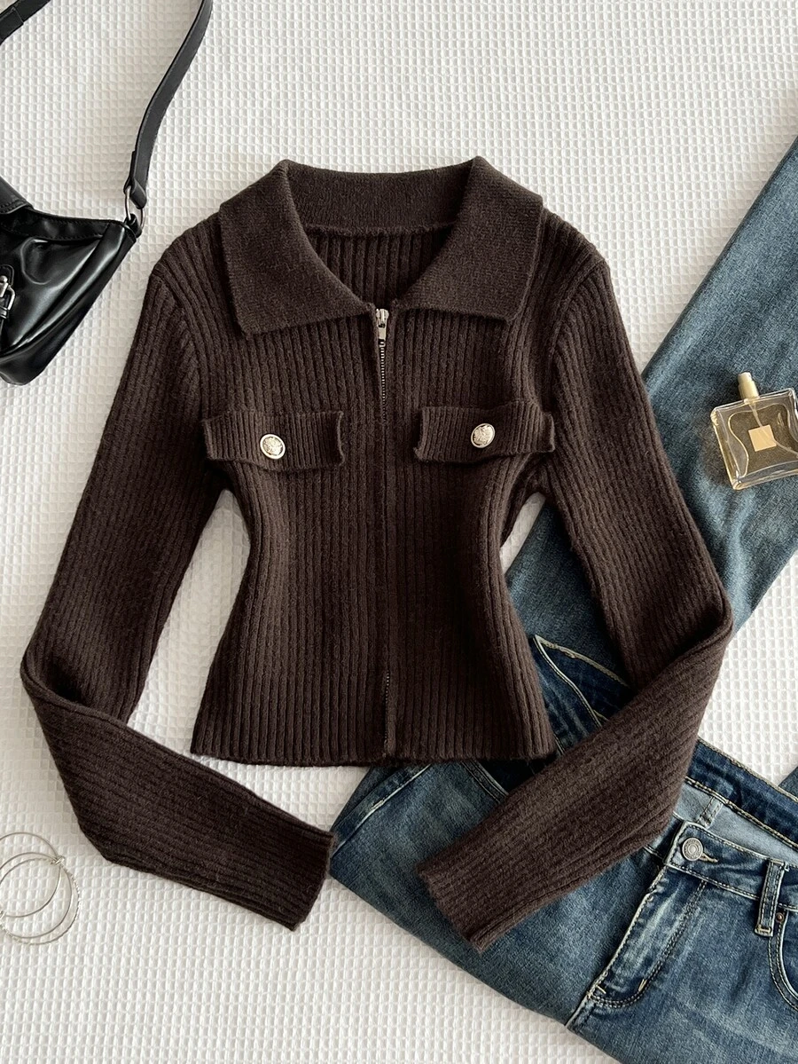 Elamini Solid Color Lapel Zip-Up Knit Cardigan, Short Slim Fit Sexy Style Long Sleeve Sweater Jacket, Autumn/Winter Women's Cardigan - Coffee Brown - View 1