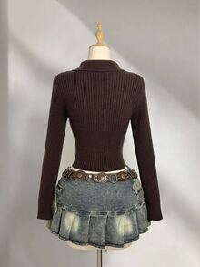 Elamini Solid Color Lapel Zip-Up Knit Cardigan, Short Slim Fit Sexy Style Long Sleeve Sweater Jacket, Autumn/Winter Women's Cardigan - Coffee Brown - View 2
