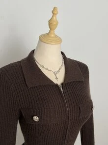 Elamini Solid Color Lapel Zip-Up Knit Cardigan, Short Slim Fit Sexy Style Long Sleeve Sweater Jacket, Autumn/Winter Women's Cardigan - Coffee Brown - View 5