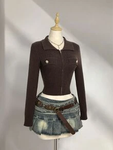 Elamini Solid Color Lapel Zip-Up Knit Cardigan, Short Slim Fit Sexy Style Long Sleeve Sweater Jacket, Autumn/Winter Women's Cardigan - Coffee Brown - View 4
