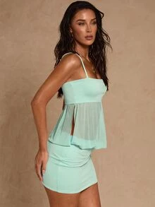 SHEIN Glamour 薄荷綠方領網紗拼接吊帶洋裝，修身抓皺緊身迷你洋裝，適合女孩聚會、下午茶約會、夏季音樂節、EDM活動、戶外野餐、小型宴會、奢華雞尾酒會、婚禮賓客穿搭、海外街頭風出遊、舞會、時尚派對、輕通勤穿搭、週末休閒、日常約會、高端宴會、女性生日派對 - 薄荷綠 - 查看 7