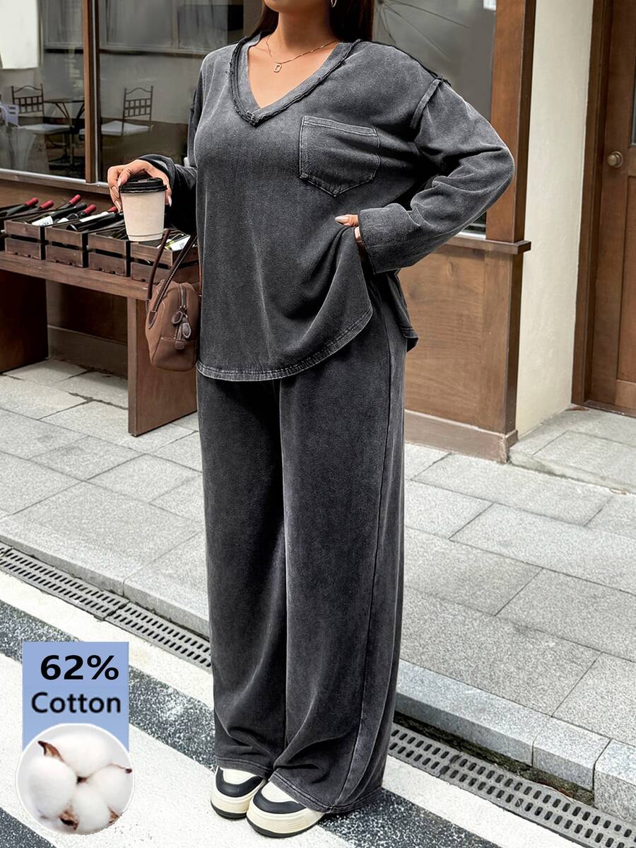 Muchica Plus Size Pocket Long Sleeve Top And Loose Pants 2 Pieces Set - Dark Grey - View 1