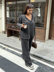 Muchica Plus Size Pocket Long Sleeve Top And Loose Pants 2 Pieces Set - Dark Grey - View 7
