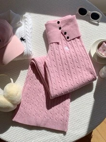 Comfortcana Women's Waist Button Design Equestrian Embroidered Knit Pants Winter Clothes Winter Clothes Women Fall/Winter Pants 2000s Style - Pink - View 4