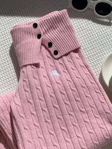Comfortcana Women's Waist Button Design Equestrian Embroidered Knit Pants Winter Clothes Winter Clothes Women Fall/Winter Pants 2000s Style - Pink - View 7