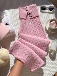 Comfortcana Women's Waist Button Design Equestrian Embroidered Knit Pants Winter Clothes Winter Clothes Women Fall/Winter Pants 2000s Style - Pink - View 9