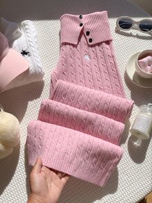 Comfortcana Women's Waist Button Design Equestrian Embroidered Knit Pants Winter Clothes Winter Clothes Women Fall/Winter Pants 2000s Style - Pink - View 8