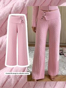 Comfortcana Women's Waist Button Design Equestrian Embroidered Knit Pants Winter Clothes Winter Clothes Women Fall/Winter Pants 2000s Style - Pink - View 2
