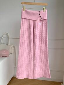 Comfortcana Women's Waist Button Design Equestrian Embroidered Knit Pants Winter Clothes Winter Clothes Women Fall/Winter Pants 2000s Style - Pink - View 6