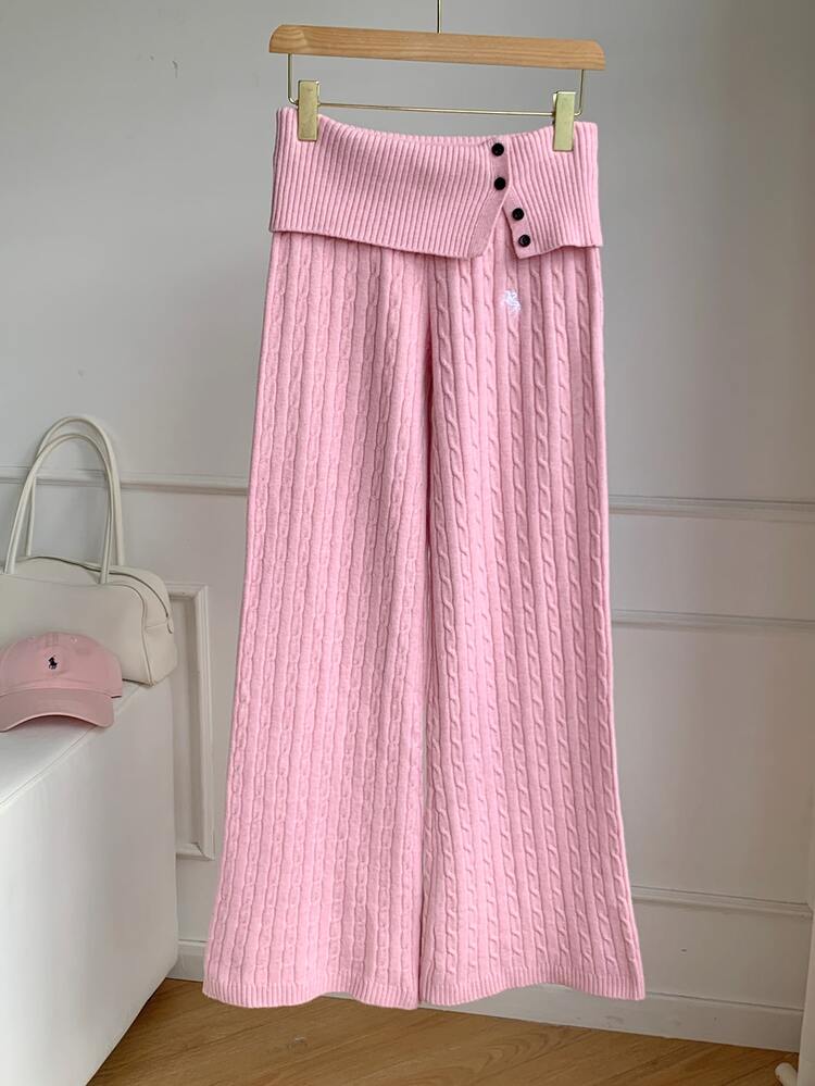 Comfortcana 女款腰部鈕扣設計馬術刺繡針織長褲 秋冬女款長褲 2000年代風格 - 粉色 - 查看 5