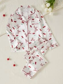 Girls Pink Cute Bow Print Lapel Front Button Long Sleeve Top And Casual Long Pants Comfortable 2 Pieces Loungewear Set - Apricot - View 1