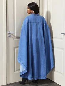 BamGleam Women's Vintage Washed Denim Dress, Niche Asymmetrical Slit Cape, Loose Fit Collared Denim Dress - Dark Wash - View 2