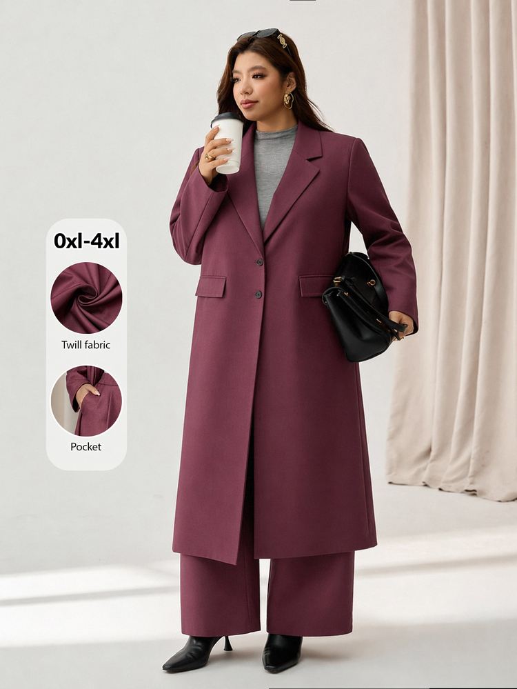 Auralis Summer Dark Purple Plus Size Long Sleeve Extra Long Blazer Elegant Business Casual Commuter Suit Set Pants With Pockets Formal Evening Work Brunch - Red Violet - View 3