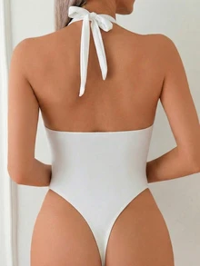 Swim Basics Springbreak Women Backless Deep V-Neck Sexy Halter High Cut Hollow Out One-Piece Swimsuit, Festival Boho - White - View 3