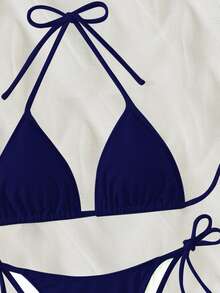 Swim Basics Bikini de dos piezas para mujer primavera/verano 2026 en azul marino, tela especial, tirantes finos tipo halter, color liso, sexy, con lazo lateral y tanga - Azul Marino - Ver 6