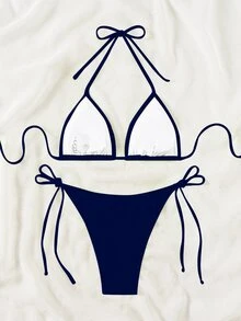 Swim Basics Bikini de dos piezas para mujer primavera/verano 2026 en azul marino, tela especial, tirantes finos tipo halter, color liso, sexy, con lazo lateral y tanga - Azul Marino - Ver 4
