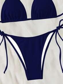 Swim Basics Bikini de dos piezas para mujer primavera/verano 2026 en azul marino, tela especial, tirantes finos tipo halter, color liso, sexy, con lazo lateral y tanga - Azul Marino - Ver 5