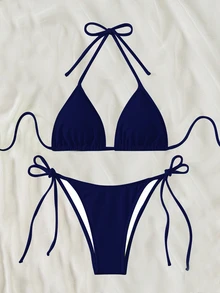 Swim Basics Bikini de dos piezas para mujer primavera/verano 2026 en azul marino, tela especial, tirantes finos tipo halter, color liso, sexy, con lazo lateral y tanga - Azul Marino - Ver 7