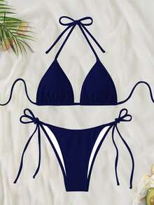 Swim Basics Bikini de dos piezas para mujer primavera/verano 2026 en azul marino, tela especial, tirantes finos tipo halter, color liso, sexy, con lazo lateral y tanga - Azul Marino - Ver 2