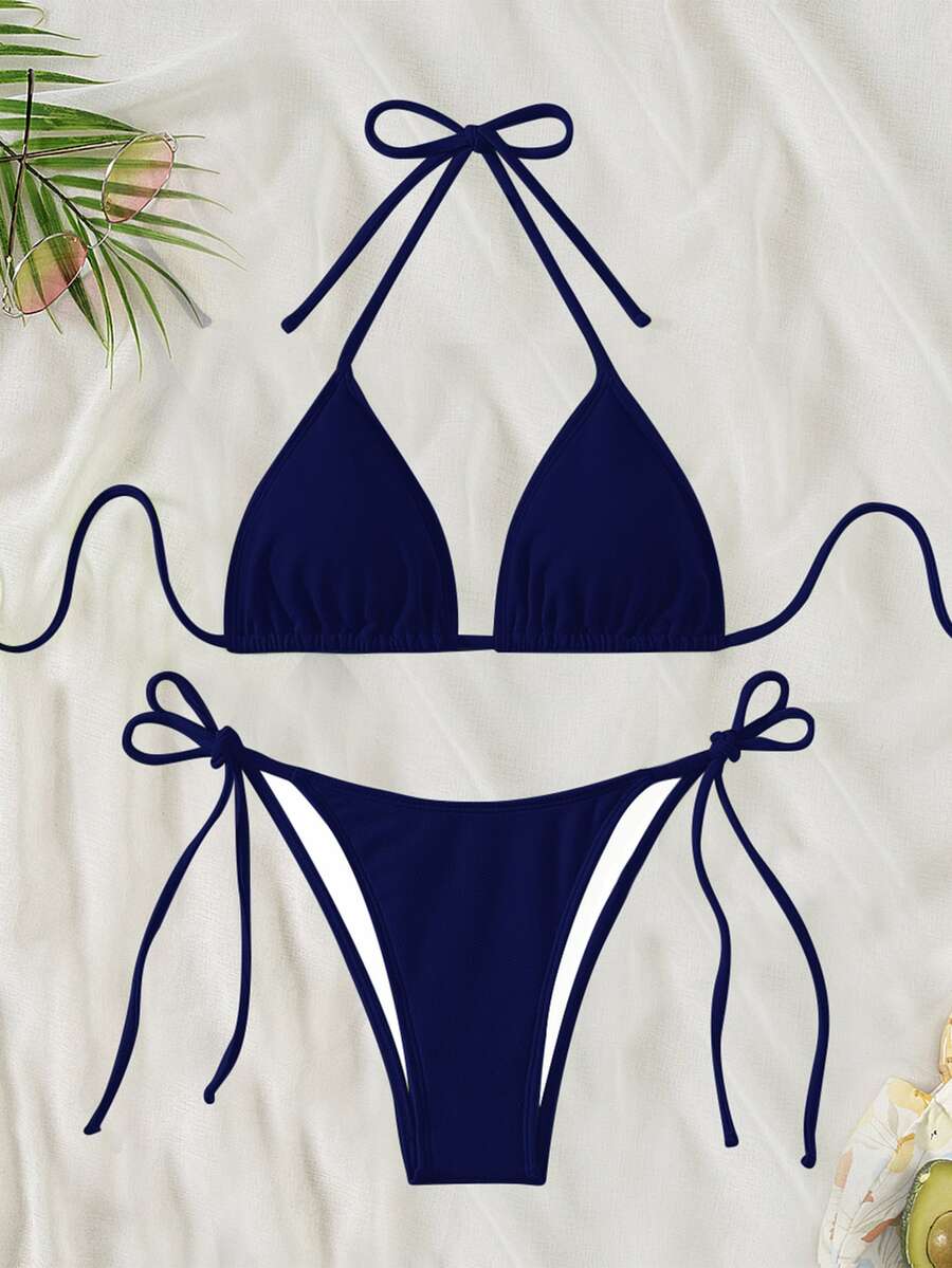 Swim Basics Bikini de dos piezas para mujer primavera/verano 2026 en azul marino, tela especial, tirantes finos tipo halter, color liso, sexy, con lazo lateral y tanga