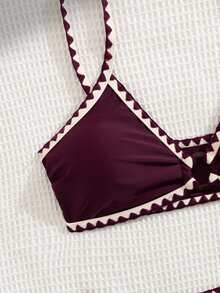 Swim Basics Summer New Solid Color 2pcs Adjustable Strap Seashell Trim & Low Waist Triangle Bikini Swimwear Set For Women - Burgundy - View 5