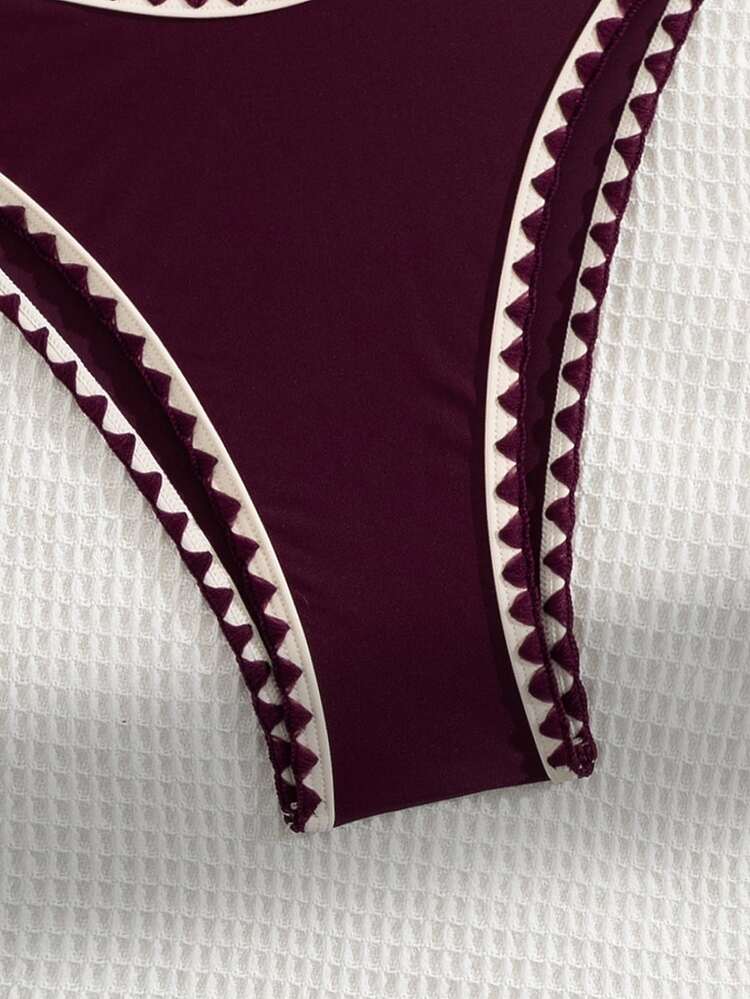 Swim Basics Summer New Solid Color 2pcs Adjustable Strap Seashell Trim & Low Waist Triangle Bikini Swimwear Set For Women - Burgundy - View 4