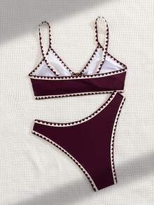 Swim Basics Summer New Solid Color 2pcs Adjustable Strap Seashell Trim & Low Waist Triangle Bikini Swimwear Set For Women - Burgundy - View 3