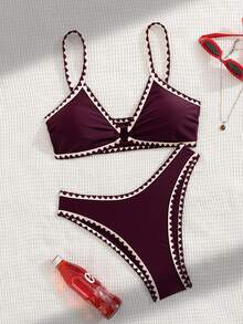 Swim Basics Summer New Solid Color 2pcs Adjustable Strap Seashell Trim & Low Waist Triangle Bikini Swimwear Set For Women - Burgundy - View 6