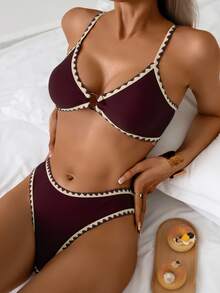 Swim Basics Summer New Solid Color 2pcs Adjustable Strap Seashell Trim & Low Waist Triangle Bikini Swimwear Set For Women - Burgundy - View 1