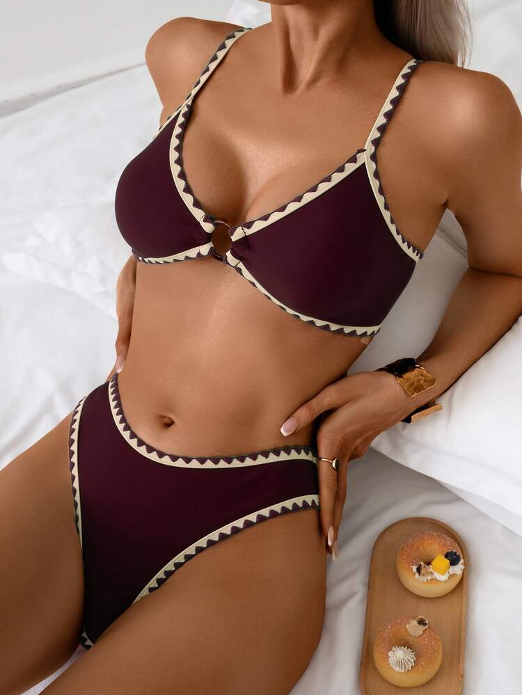 Swim Basics Summer New Solid Color 2pcs Adjustable Strap Seashell Trim & Low Waist Triangle Bikini Swimwear Set For Women - Burgundy - View 1