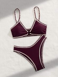 Swim Basics Summer New Solid Color 2pcs Adjustable Strap Seashell Trim & Low Waist Triangle Bikini Swimwear Set For Women - Burgundy - View 7