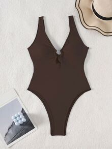 Oceva Retro Coffee Brown One-Piece Swimsuit,Metal O-Ring Deep V Neck Slim Fit Swimwear,Tummy Control Ruched Summer Cute Beach Holiday Holiday Vacation - Brown - View 4