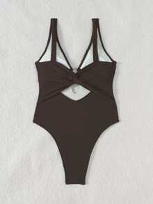 Oceva Retro Coffee Brown One-Piece Swimsuit,Metal O-Ring Deep V Neck Slim Fit Swimwear,Tummy Control Ruched Summer Cute Beach Holiday Holiday Vacation - Brown - View 3