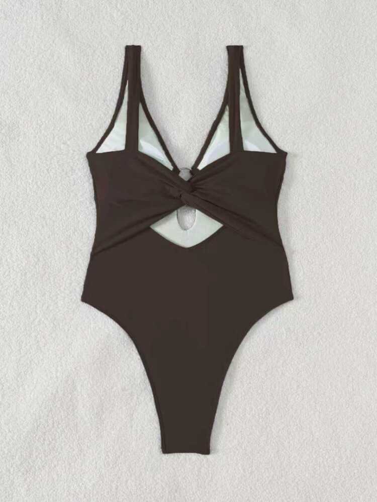 Swim Basics Retro Coffee Brown One-Piece Swimsuit,Metal O-Ring Deep V Neck Slim Fit Swimwear,Tummy Control Ruched Summer Cute Beach Holiday Holiday Vacation - Brown - View 3