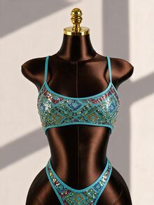 Swim Basics Women's Spaghetti Strap Sequin Trim Backless One-Piece Swimsuit - Blue - View 2