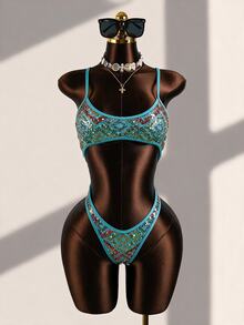 Swim Basics Women's Spaghetti Strap Sequin Trim Backless One-Piece Swimsuit - Blue - View 3