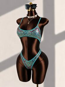 Swim Basics Women's Spaghetti Strap Sequin Trim Backless One-Piece Swimsuit - Blue - View 4