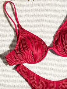Swim Basics 2-Piece Women Summer Beach Solid Textured Sexy Bikini Swimwear Set, Push-Up, With Underwire - Burgundy - View 5