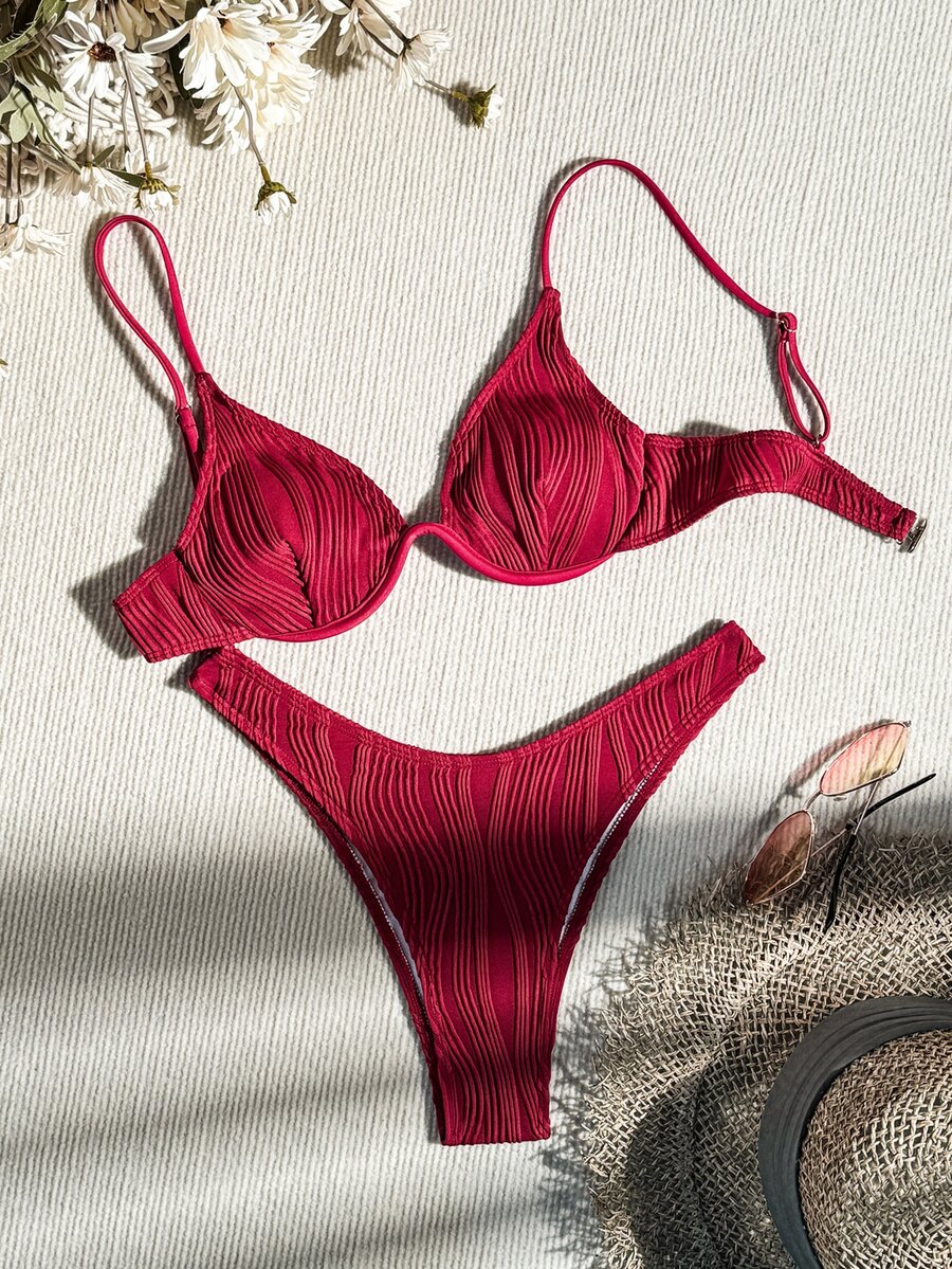 Swim Basics 2-Piece Women Summer Beach Solid Textured Sexy Bikini Swimwear Set, Push-Up, With Underwire - Burgundy - View 1