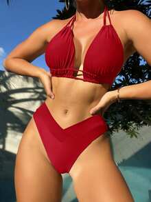 Swim Basics Women's Solid Color Halter Neck Bikini Set For Summer Beach Vacation - Red - View 4