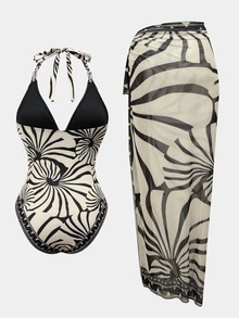 SHEIN Swim 南美椰子樹米色花卉定位印花高級連身女裝套裝 夏季熱帶波希米亞風海灘度假風 - 彩色 - 查看 4