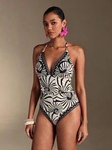SHEIN Swim 南美椰子樹米色花卉定位印花高級連身女裝套裝 夏季熱帶波希米亞風海灘度假風 - 彩色 - 查看 7
